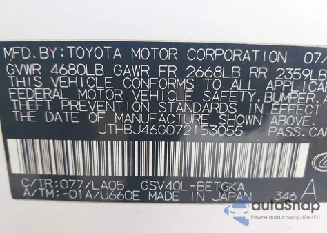 2007 Lexus Es 350 from USA, damaged, VIN JTHBJ46G072153055
